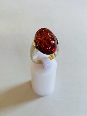 Amber Oval Cabochon Sterling Silver Ring - Rich Cognac Amber